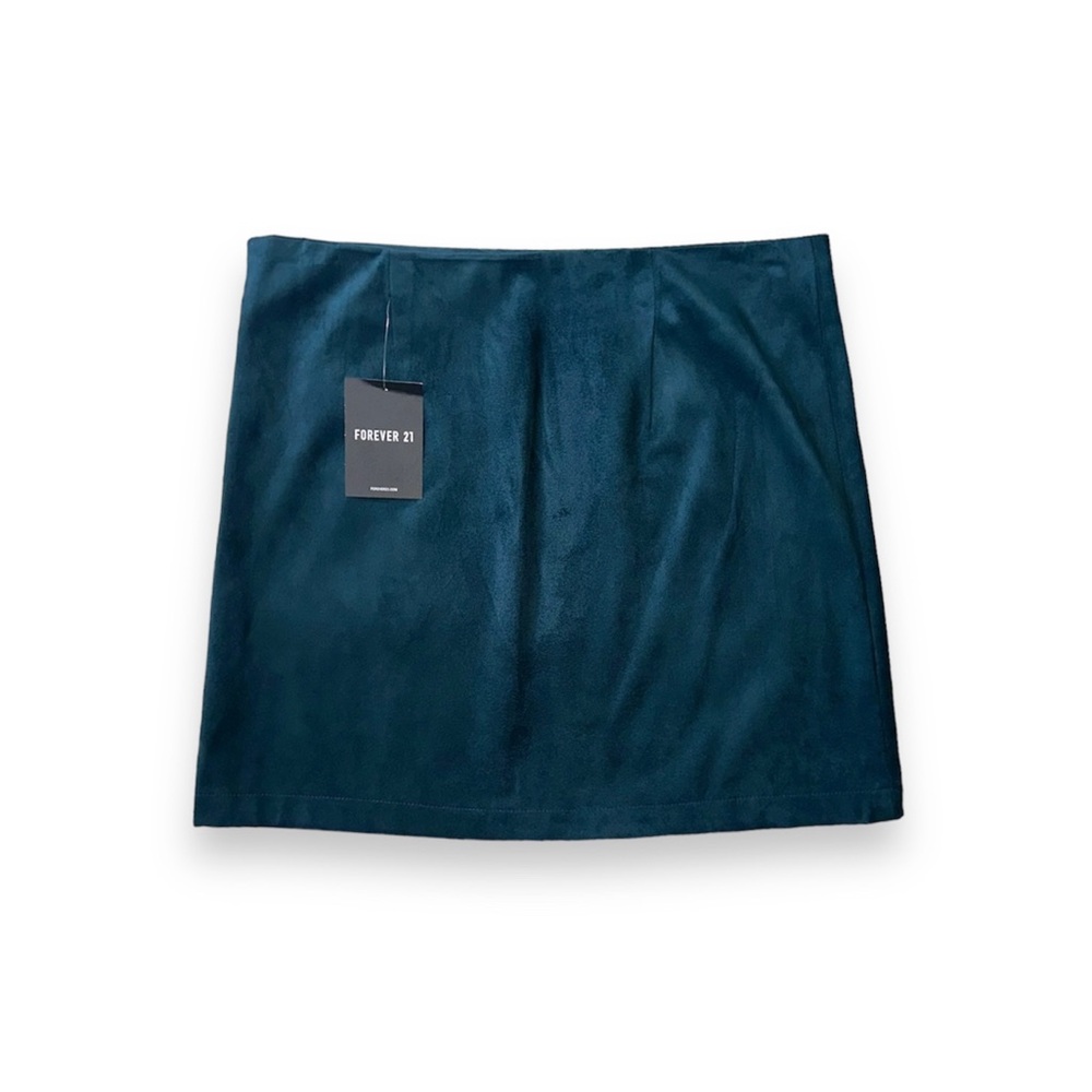 Forever 21 Peacock Blue Faux Suede Mini Skirt Side Zip Front Slit NWT, Size M - Picture 3 of 6